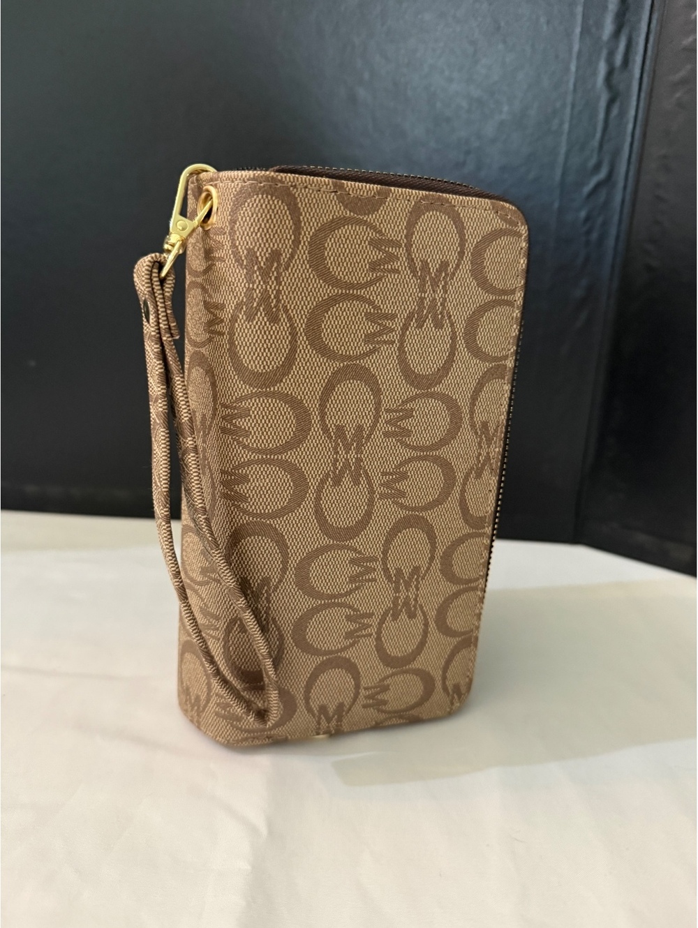Tan Logo Pattern Zip Around Wristlet Wallet Neutral Brown Clutch